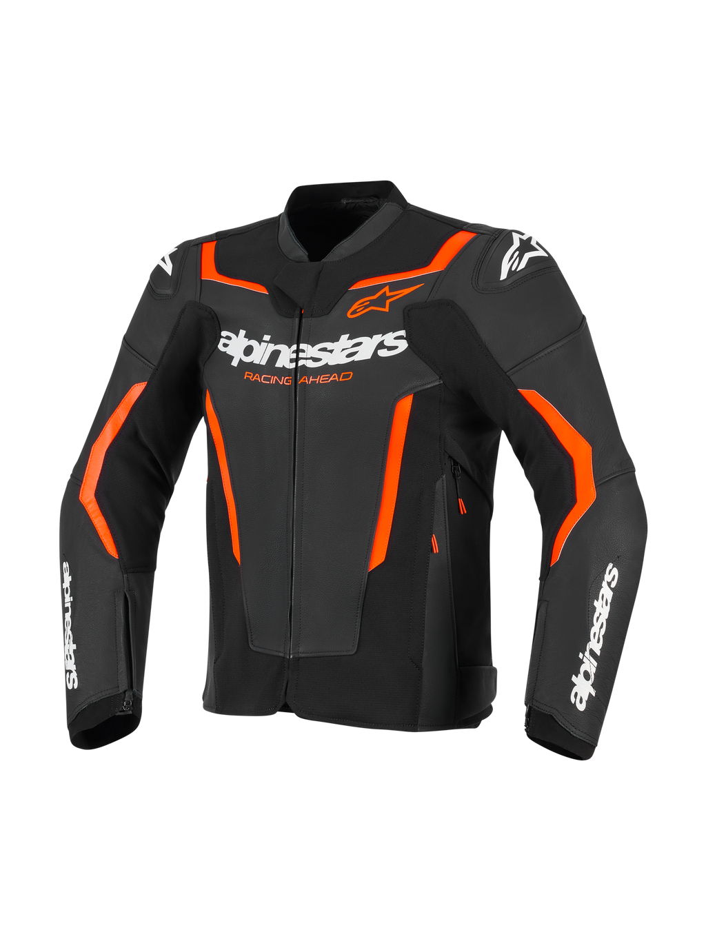 Casaco de Pele Alpinestars GP Force V2, casaco desportivo de motociclismo, preto e vermelho fluo, com logótipo Alpinestars branco e detalhes vibrantes em laranja avermelhado, construção em pele profissional com design de ajuste desportivo