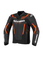 Casaco de Pele Alpinestars GP Force V2, casaco desportivo de motociclismo, preto e vermelho fluo, com logótipo Alpinestars branco e detalhes vibrantes em laranja avermelhado, construção em pele profissional com design de ajuste desportivo