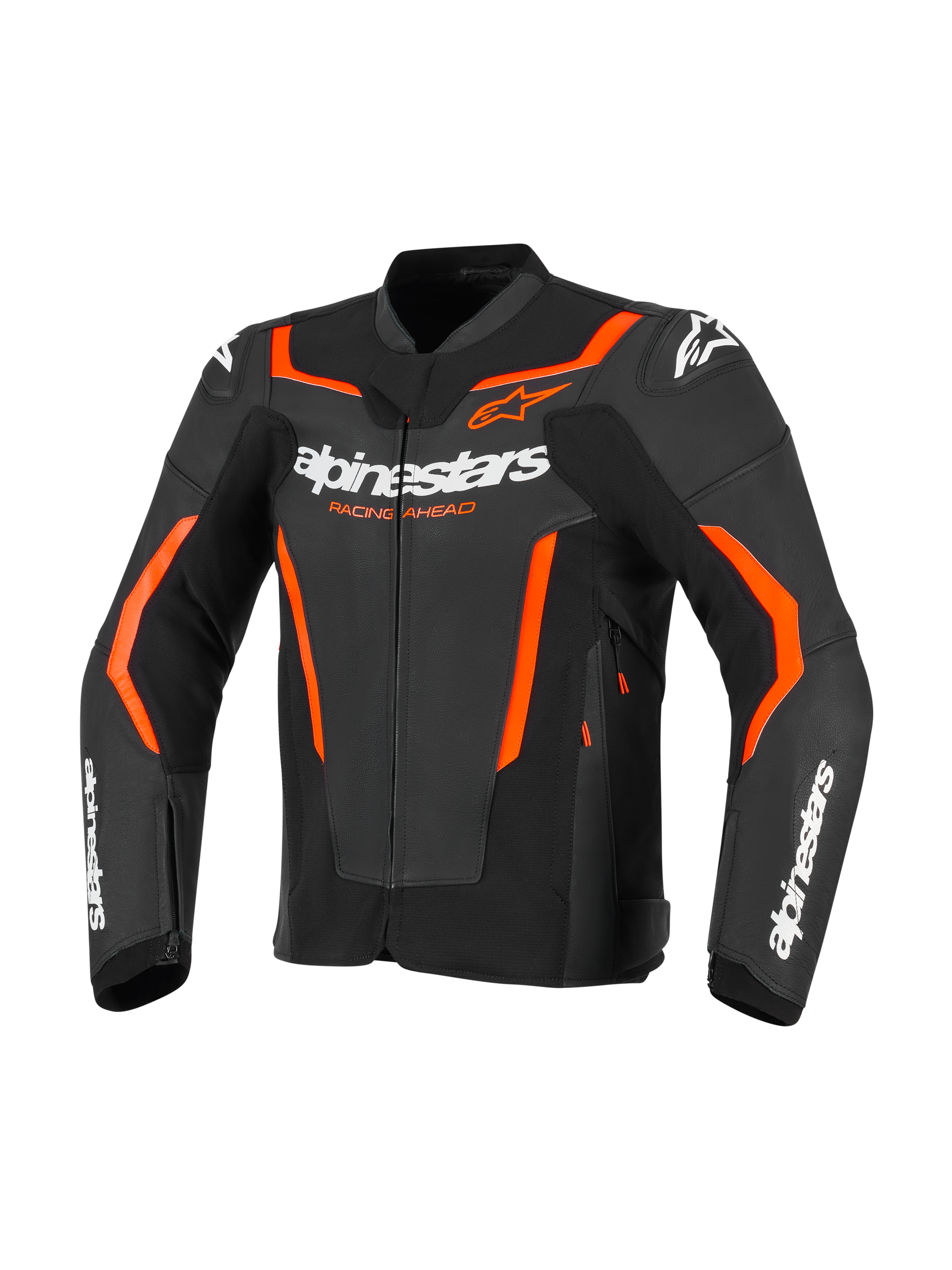Casaco de Pele Alpinestars GP Force V2, casaco desportivo de motociclismo, preto e vermelho fluo, com logótipo Alpinestars branco e detalhes vibrantes em laranja avermelhado, construção em pele profissional com design de ajuste desportivo