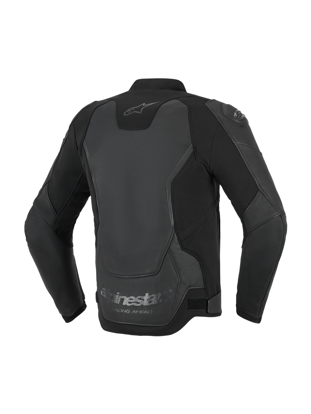 Casaco de Pele Alpinestars GP Force V2, casaco de motociclismo, preto, vista traseira destacando a construção multi-painel em pele e têxtil, com o logótipo Alpinestars no pescoço e a marcação 'Racing Ahead' na bainha inferior.