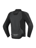 Casaco de Pele Alpinestars GP Force V2, casaco de motociclismo, preto, vista traseira destacando a construção multi-painel em pele e têxtil, com o logótipo Alpinestars no pescoço e a marcação 'Racing Ahead' na bainha inferior.