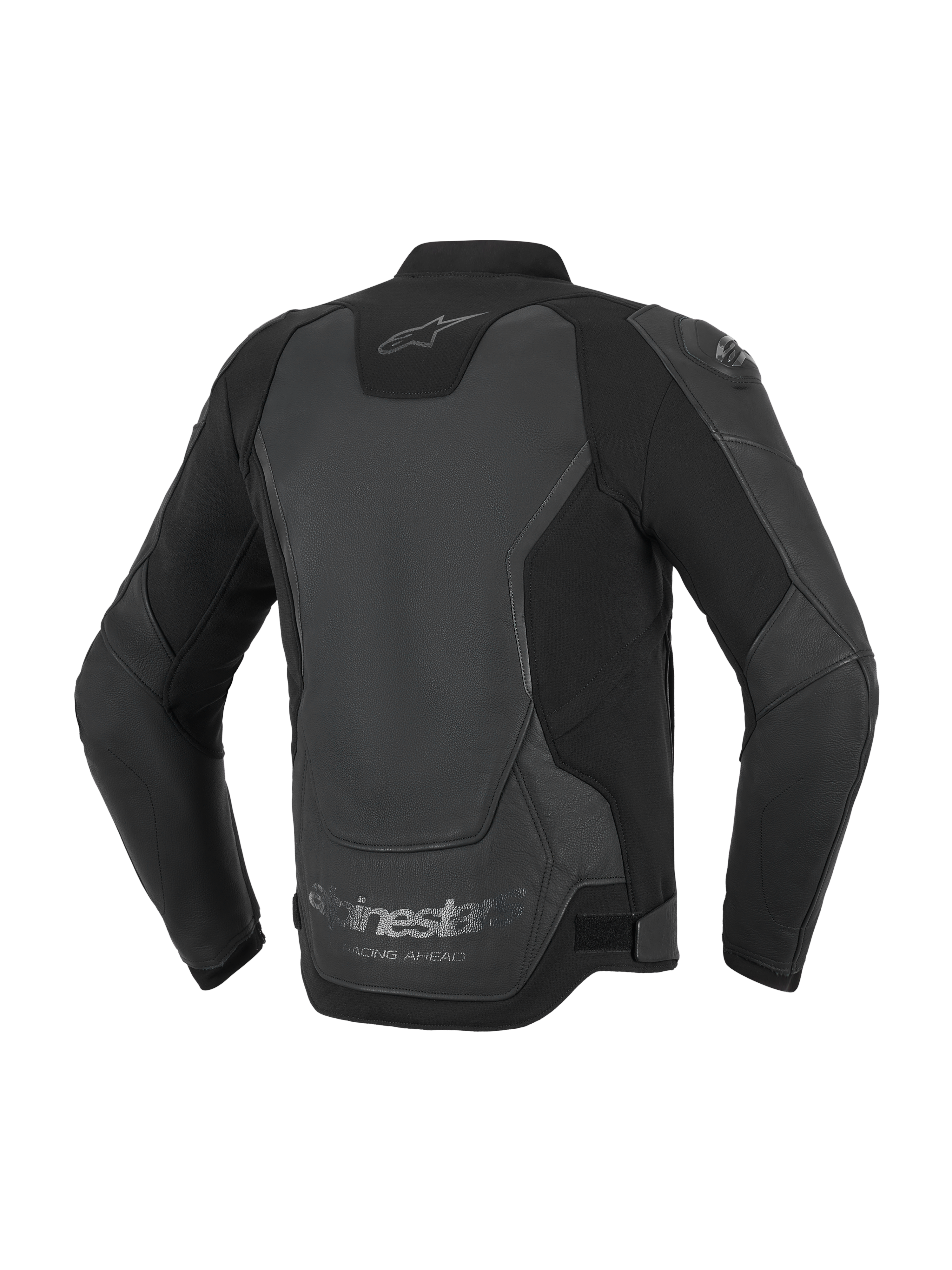 Casaco de Pele Alpinestars GP Force V2, casaco de motociclismo, preto, vista traseira destacando a construção multi-painel em pele e têxtil, com o logótipo Alpinestars no pescoço e a marcação 'Racing Ahead' na bainha inferior.