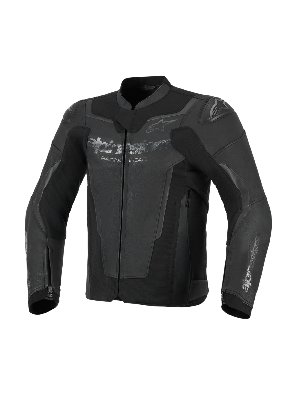 Casaco de Pele Alpinestars GP Force V2, preto, construção em pele bovina premium com painéis de alta elasticidade, com proteções de ombro GP Lite Evo DFS e logótipos Alpinestars no peito e mangas, equipamento de motociclismo desportivo