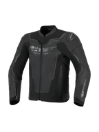 Casaco de Pele Alpinestars GP Force V2, preto, construção em pele bovina premium com painéis de alta elasticidade, com proteções de ombro GP Lite Evo DFS e logótipos Alpinestars no peito e mangas, equipamento de motociclismo desportivo