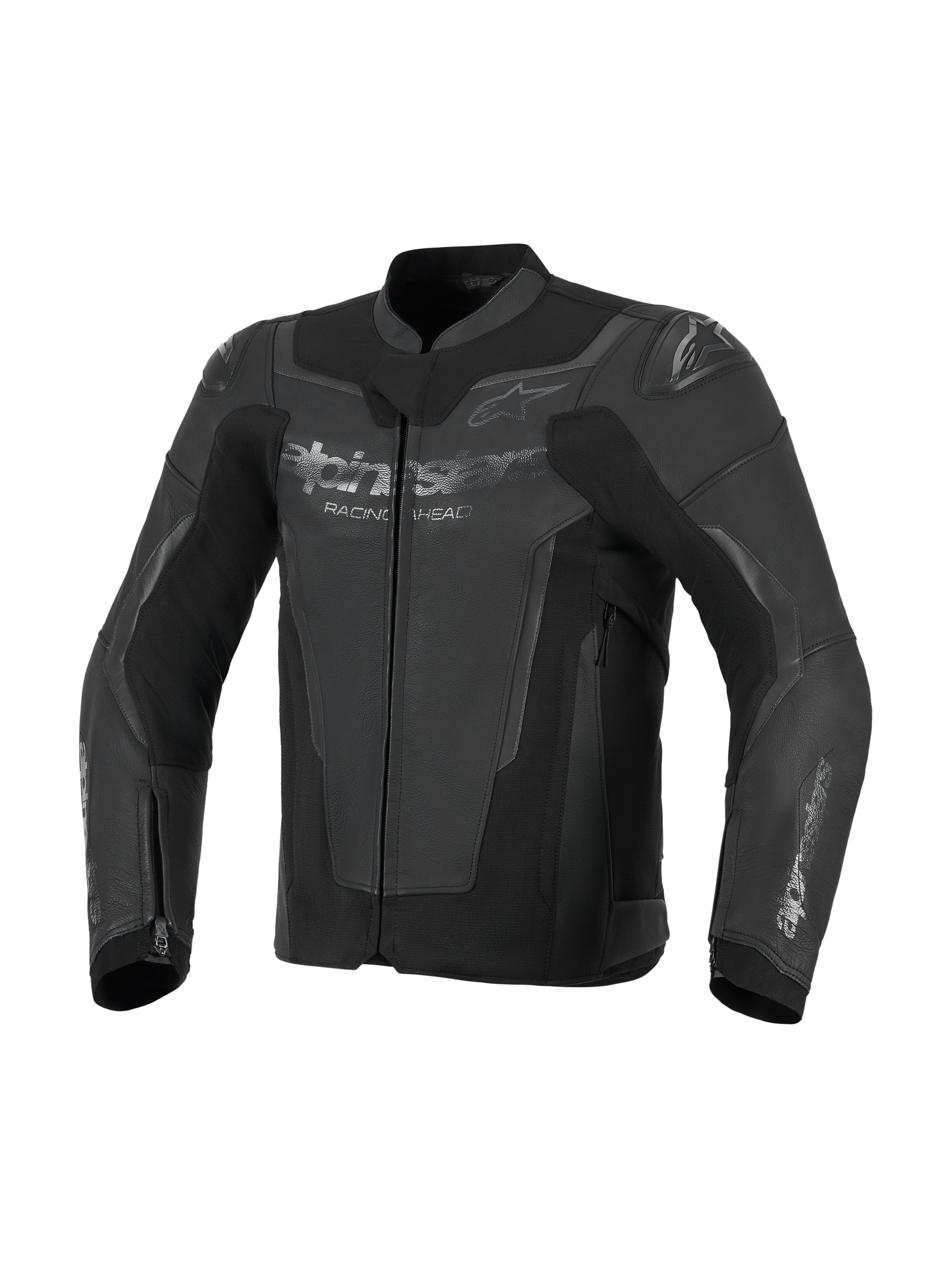 Casaco de Pele Alpinestars GP Force V2, preto, construção em pele bovina premium com painéis de alta elasticidade, com proteções de ombro GP Lite Evo DFS e logótipos Alpinestars no peito e mangas, equipamento de motociclismo desportivo