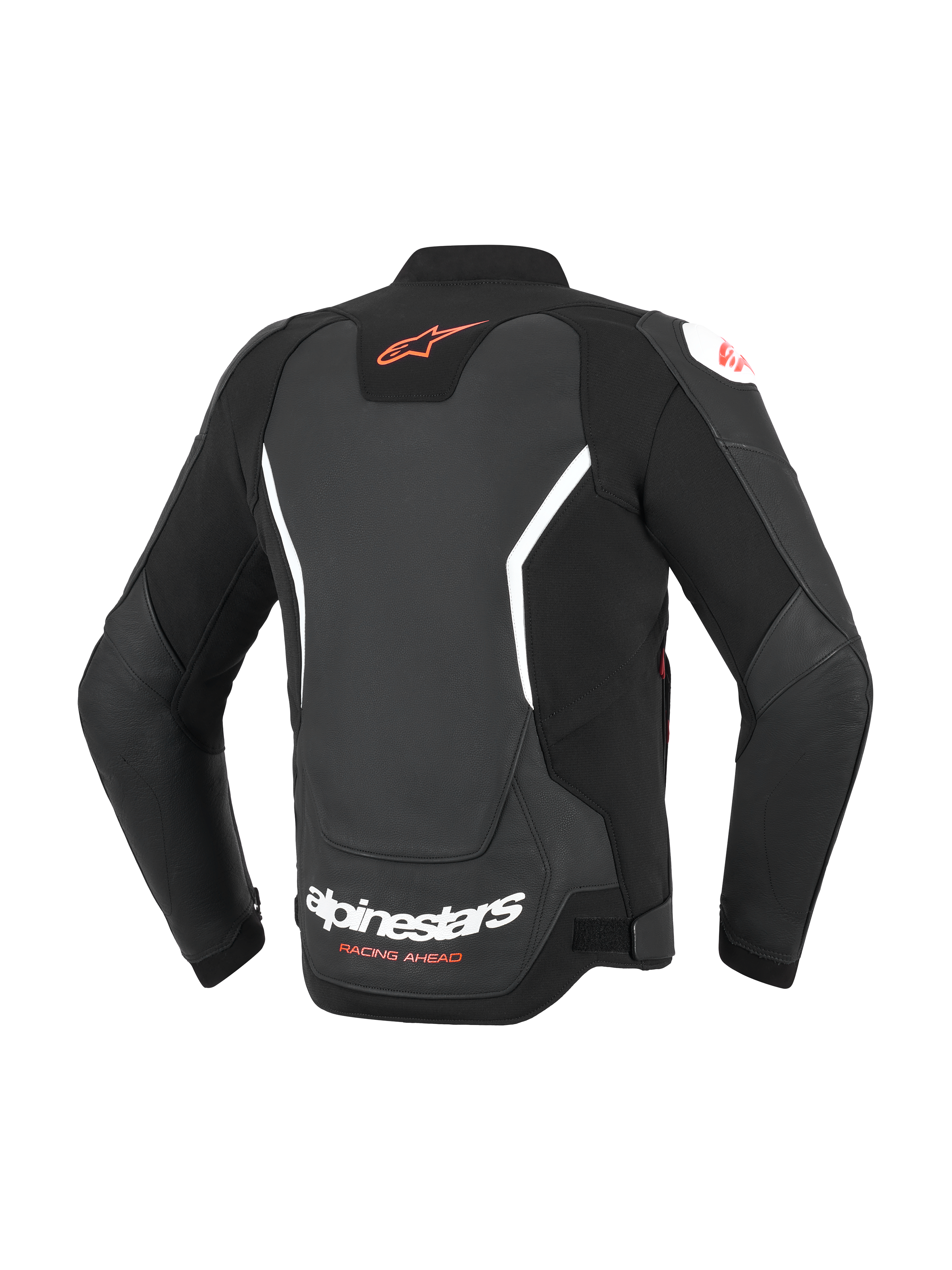 Alpinestars GP Force V2 Leather Jacket, Black with white and red accents, rear view showing red Astar logo on upper back and white Alpinestars branding on lower back, sport-fit leather motorcycle jacket with accordion stretch panels.
