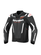Alpinestars GP Force V2 Leather Jacket, Sport Motorcycle Jacket, Black and White, featuring bold white alpinestars branding on the chest and sleeves, red star logos, and external shoulder sliders, professional racing-inspired leather design.