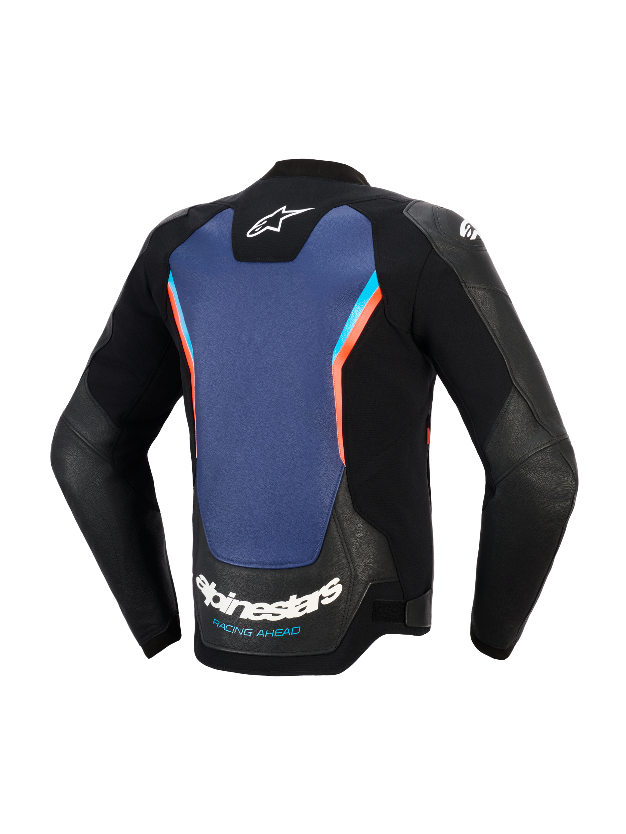Alpinestars GP Force V2 Leather Jacket, back view, black leather with large blue central panel and fluo red accents, featuring Alpinestars logo and 'RACING AHEAD' branding on the lower back, sport motorcycle riding gear