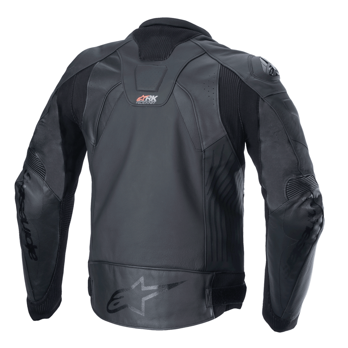 Jaqueta de Couro Alpinestars GP Plus R V4 Rideknit, preta, vista traseira apresentando a construção técnica em pele, painéis extensíveis RIDEKNIT e logótipo Alpinestars na parte inferior das costas.