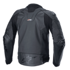 Jaqueta de Couro Alpinestars GP Plus R V4 Rideknit, preta, vista traseira apresentando a construção técnica em pele, painéis extensíveis RIDEKNIT e logótipo Alpinestars na parte inferior das costas.