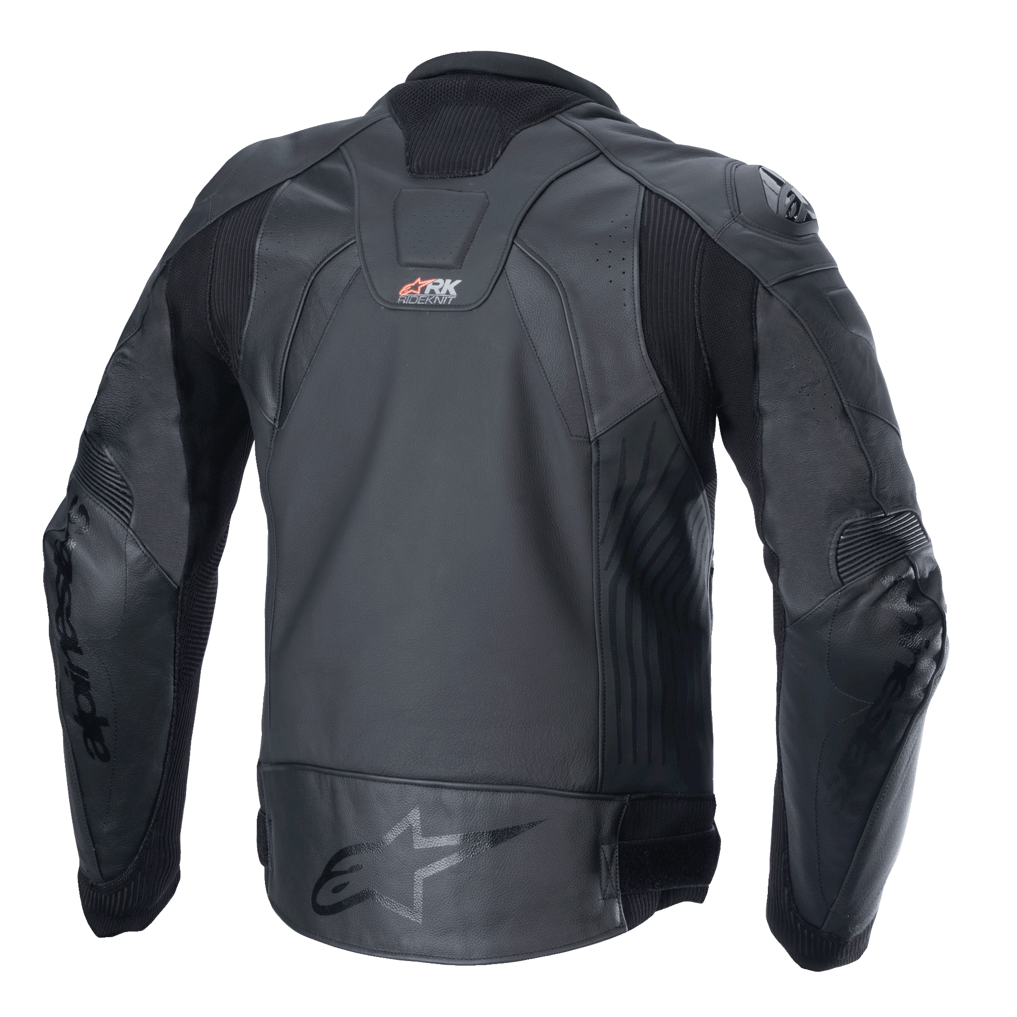 Jaqueta de Couro Alpinestars GP Plus R V4 Rideknit, preta, vista traseira apresentando a construção técnica em pele, painéis extensíveis RIDEKNIT e logótipo Alpinestars na parte inferior das costas.