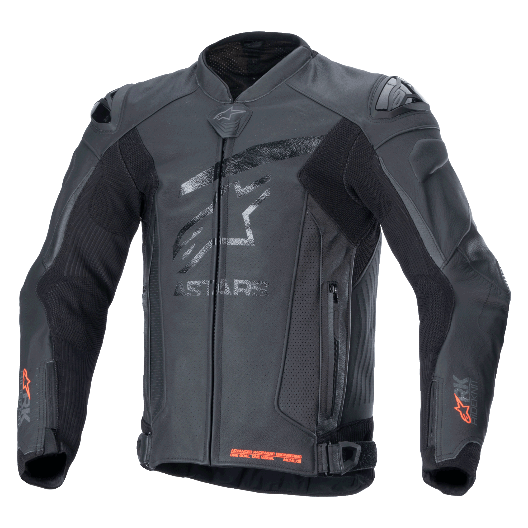 Alpinestars GP Plus R V4 Rideknit Leather Jacket, casaco de pele para motociclismo profissional, preto, logótipo de estrela tonal no peito, detalhes Rideknit vermelhos nos punhos e na bainha inferior, painéis de ventilação perfurados, sliders de ombro DFS, construção em pele premium com tecnologia RIDEKNIT integrada