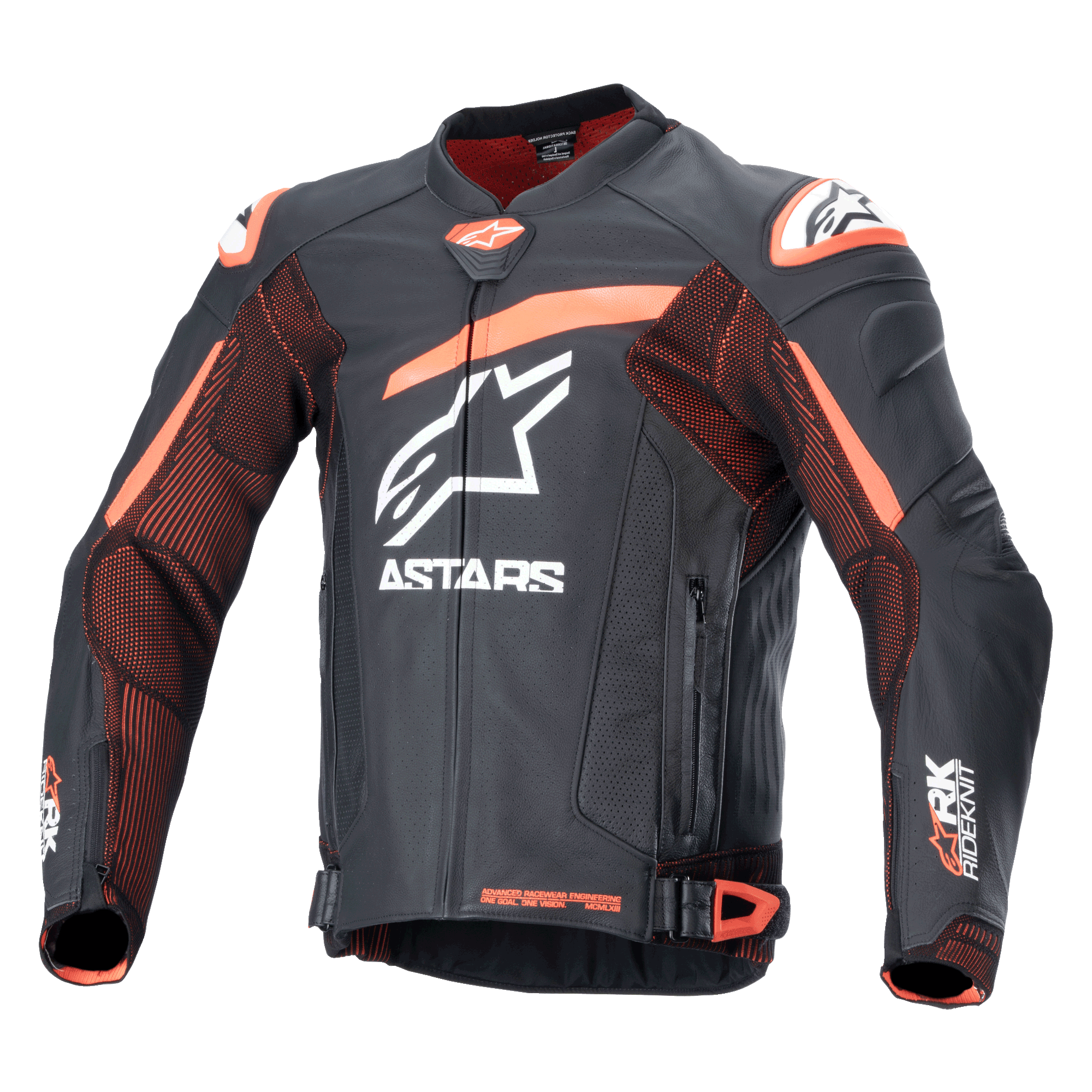 Alpinestars GP Plus R V4 Rideknit Leather Jacket, Black and Orange motorcycle racing jacket with white logos, perforated chest and arms, orange shoulder accents, zippered front with adjustable waist straps, durable sporty design