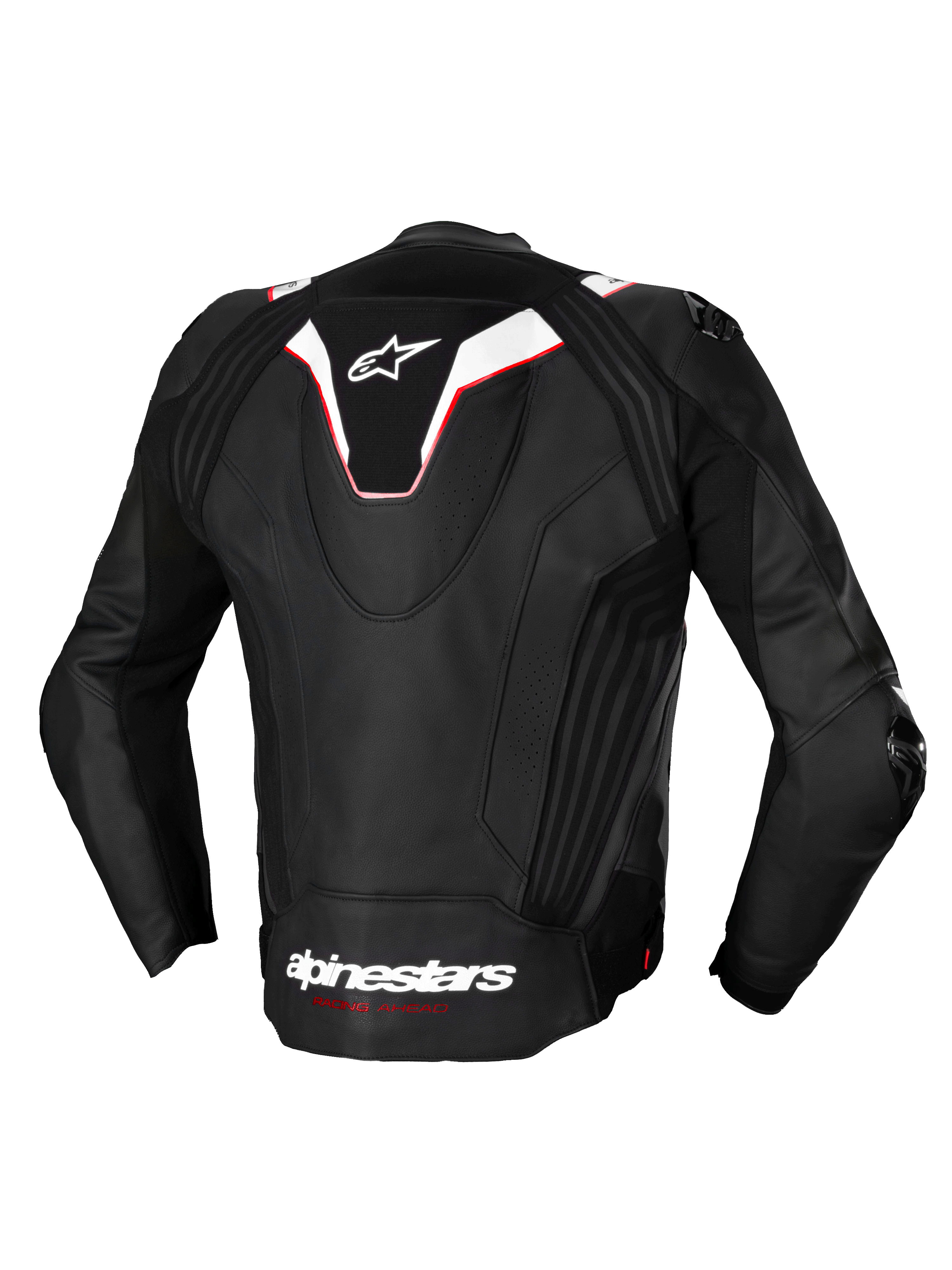 Alpinestars Missile V3 Ignition Leather Jacket, back view of a men's motorcycle racing jacket in Black and White with red accents, featuring an aerodynamic sport hump and premium bovine leather construction