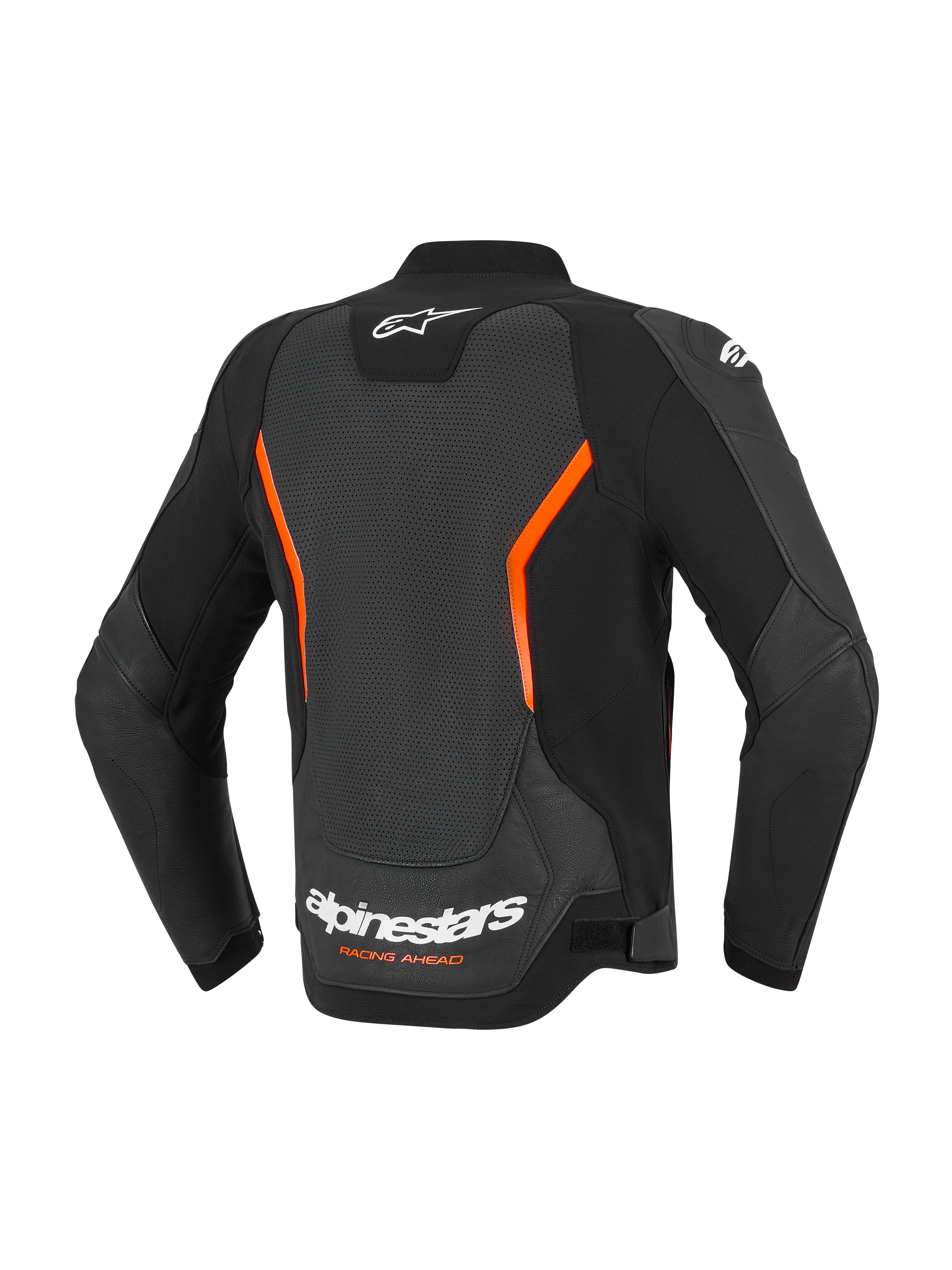 Alpinestars GP Force V2 Air Leather Jacket, Rear View, Black and Red Fluo, featuring a large perforated back panel for airflow, white Alpinestars logo and 'Racing Ahead' text on the lower back, and ergonomic pre-curved sleeves.