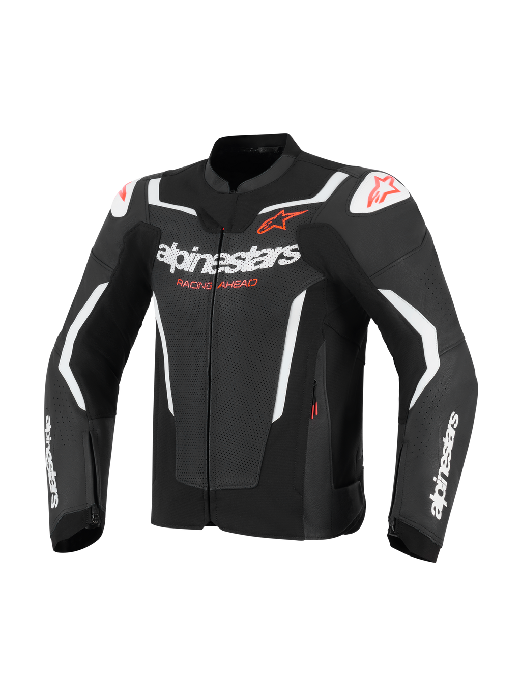 Alpinestars GP Force V2 Air Leather Jacket, Motorcycle Jacket, Black and White with red accents, featuring perforated leather panels for airflow, white Alpinestars logos and 'Racing Ahead' text, DFS shoulder sliders, athletic racing design