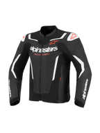 Alpinestars GP Force V2 Air Leather Jacket, Motorcycle Jacket, Black and White with red accents, featuring perforated leather panels for airflow, white Alpinestars logos and 'Racing Ahead' text, DFS shoulder sliders, athletic racing design
