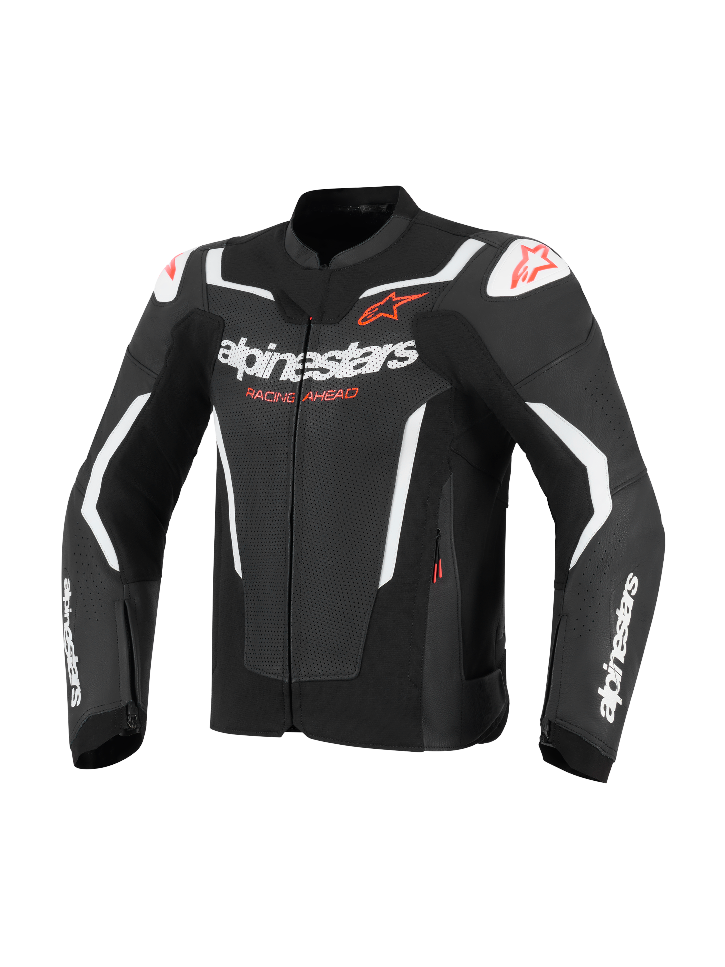 Alpinestars GP Force V2 Air Leather Jacket, Motorcycle Jacket, Black and White with red accents, featuring perforated leather panels for airflow, white Alpinestars logos and 'Racing Ahead' text, DFS shoulder sliders, athletic racing design