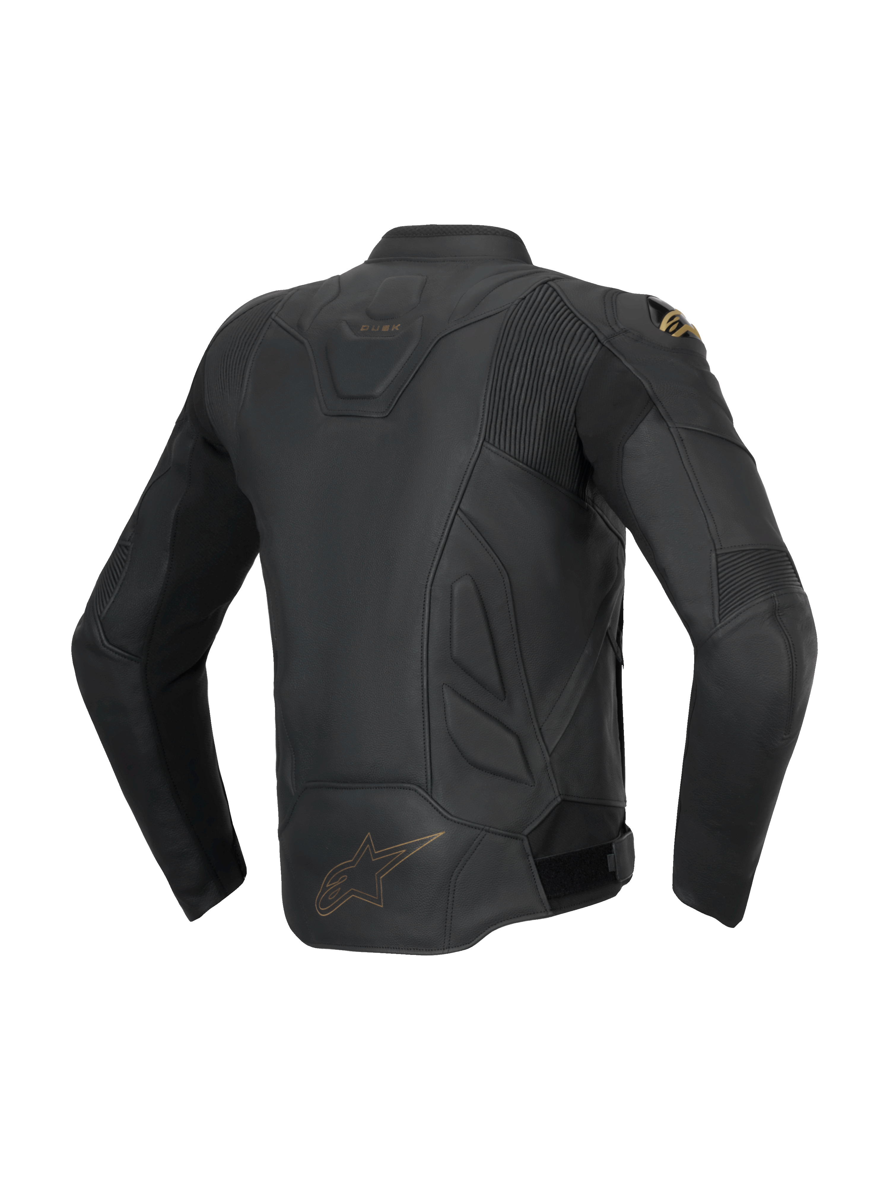 Alpinestars Dusk Leather Jacket, black men's sport road jacket, bovine leather, rear view with stretch accordion panels.