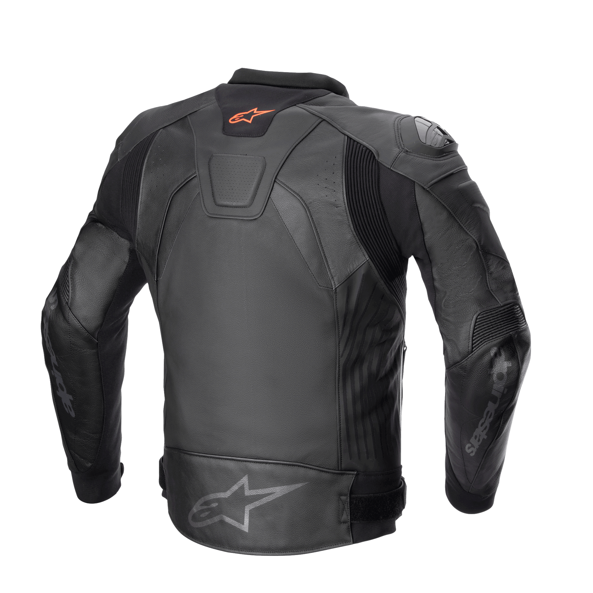 Casaco de couro Alpinestars GP Plus V4, casaco de motociclismo desportivo, preto/preto, vista traseira com logótipo Astar vermelho no pescoço, logótipo Astar cinzento na zona lombar, construção em couro bovino com painéis elásticos A-CS™ Plus