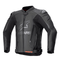 Casaco de Pele Alpinestars GP Plus V4, casaco de corrida de moto preto com logótipo ASTARS prateado no peito, fecho frontal, sliders de ombro externos DFS, fechos de ventilação no abdómen, cintas de ajuste na cintura, detalhes vermelhos no interior do colarinho, construção em pele premium e tecido elástico técnico