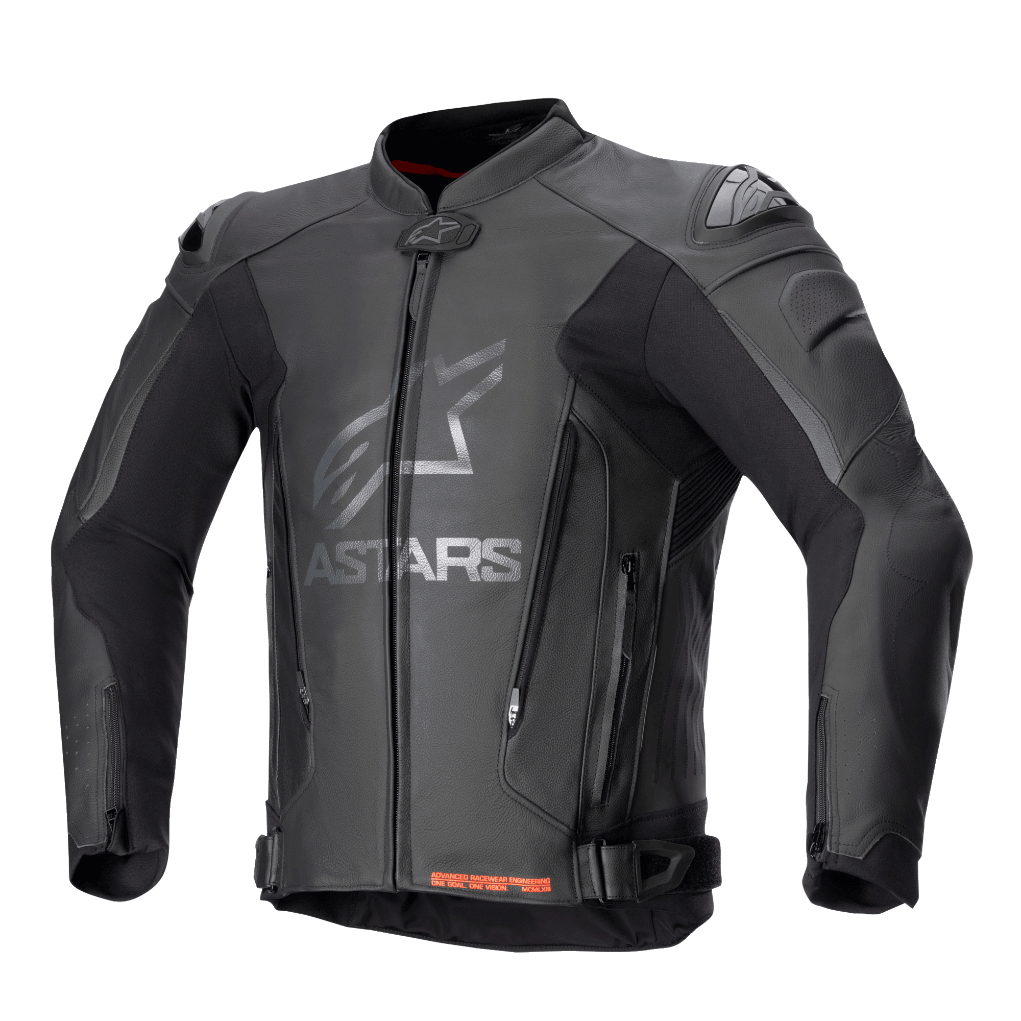Casaco de Pele Alpinestars GP Plus V4, casaco de corrida de moto preto com logótipo ASTARS prateado no peito, fecho frontal, sliders de ombro externos DFS, fechos de ventilação no abdómen, cintas de ajuste na cintura, detalhes vermelhos no interior do colarinho, construção em pele premium e tecido elástico técnico