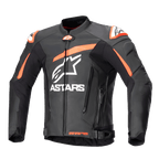 Alpinestars GP Plus V4 Leather Jacket, Motorcycle Racing Jacket, Black with Red Fluo and White accents, featuring large white ASTARS branding on the chest, external shoulder sliders, and a structured leather design for high-performance riding
