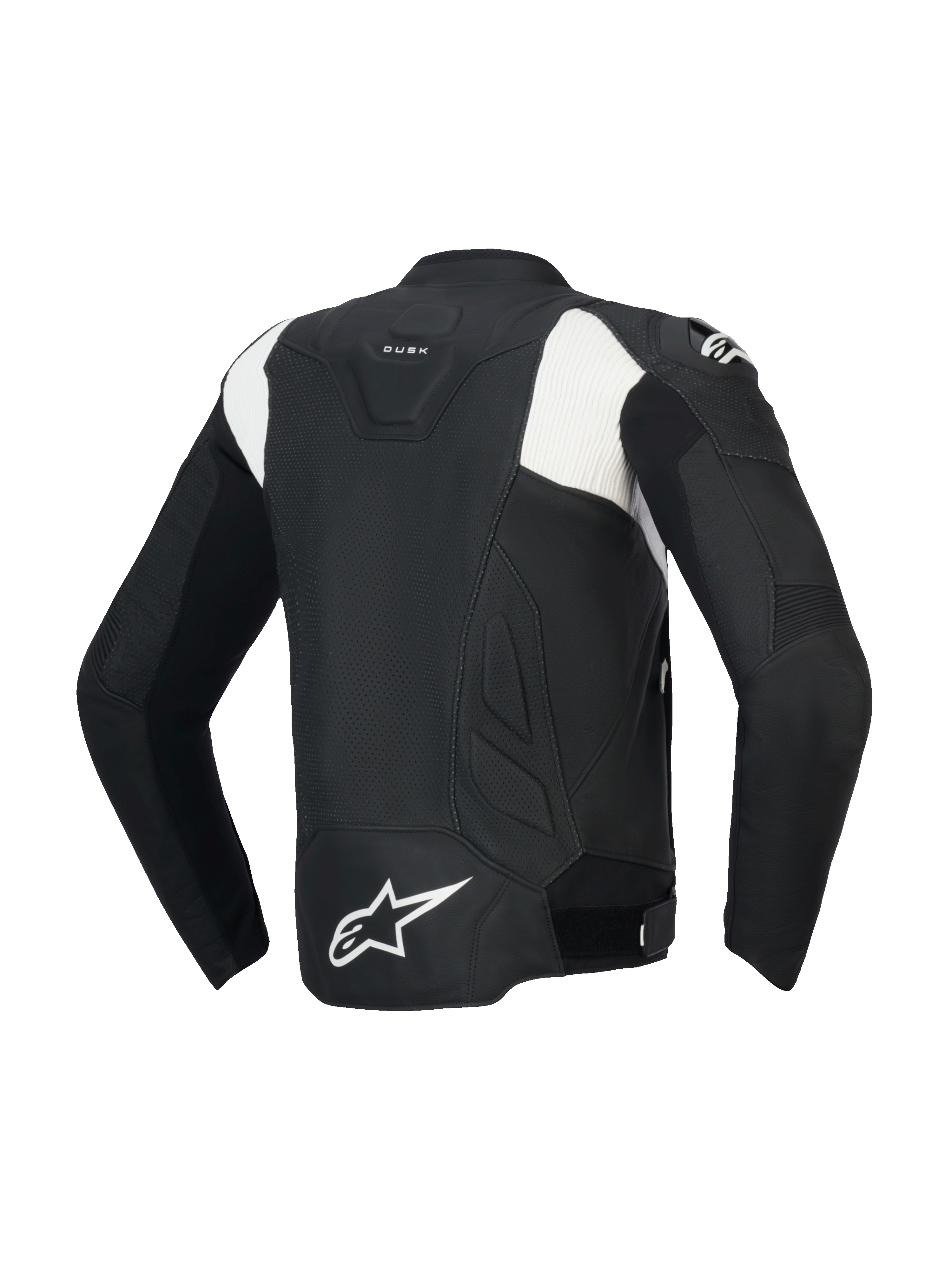 Alpinestars Dusk Airflow Leather Jacket, men's perforated sport motorcycle jacket, rear view, black and white, bovine leather construction with CE certification and Tech-Air ready design