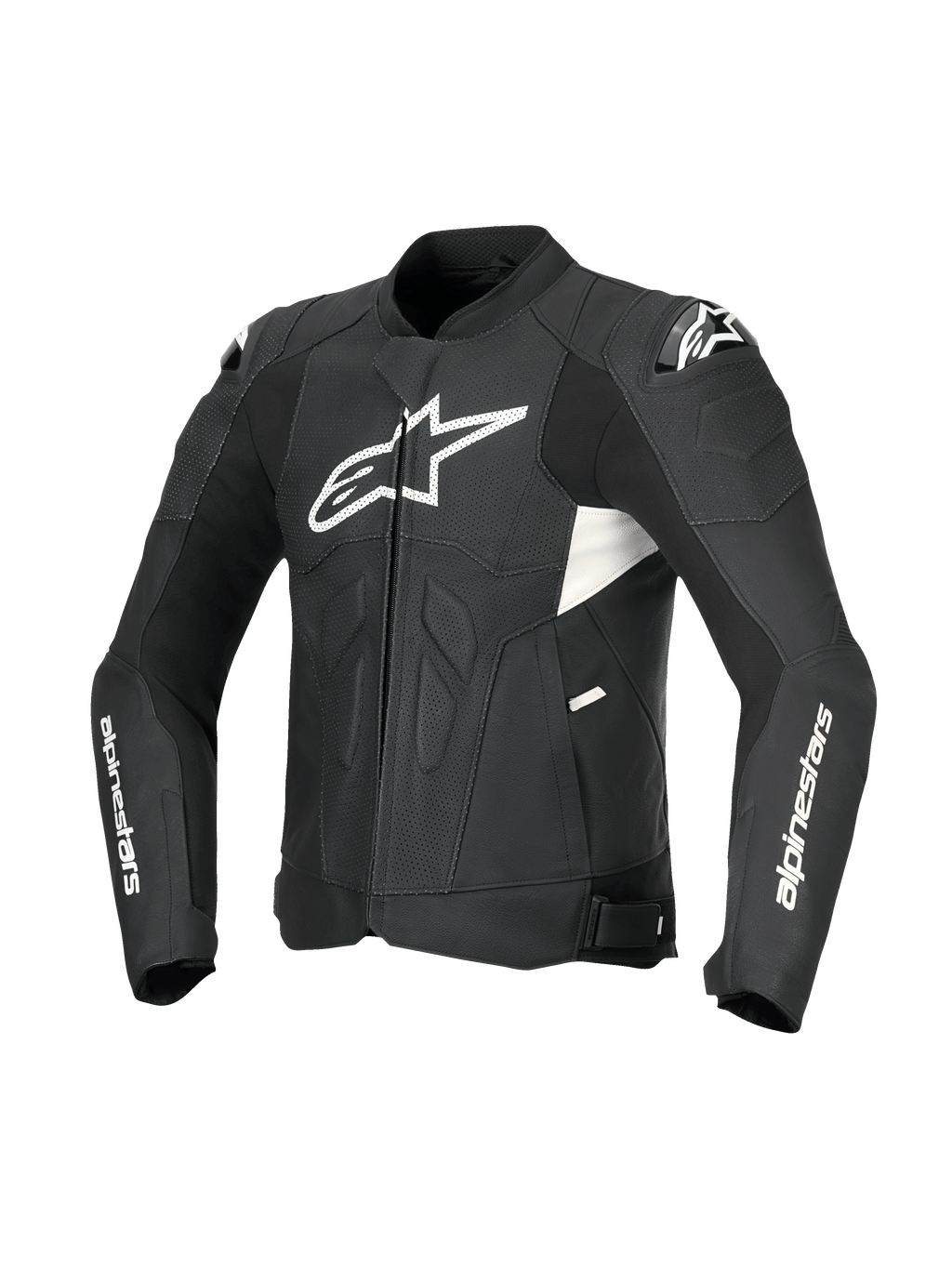 Alpinestars Dusk Airflow Leather Jacket, men's sport motorcycle leather jacket in Black and White, featuring extensive perforations, DFS shoulder armor, and CE Level AA certification