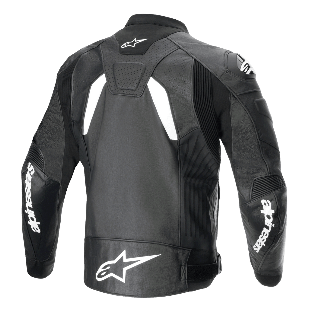 Alpinestars GP Plus R V4 Airflow Leather Jacket, Back View, Black and White, featuring perforated leather for ventilation, white Alpinestars logos on the sleeves and lower back, and integrated stretch panels for performance riding.