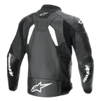 Alpinestars GP Plus R V4 Airflow Leather Jacket, Back View, Black and White, featuring perforated leather for ventilation, white Alpinestars logos on the sleeves and lower back, and integrated stretch panels for performance riding.