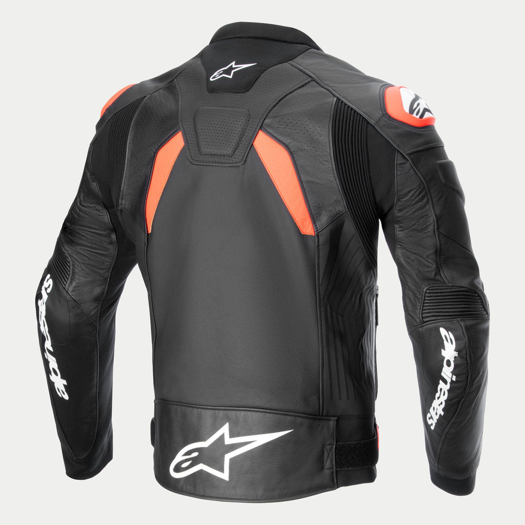 Alpinestars Jaqueta De Couro GP Plus R V4 Airflow, casaco de moto para homem, vista traseira em preto com apontamentos vermelhos e brancos, pele de desempenho de corrida com painéis perfurados