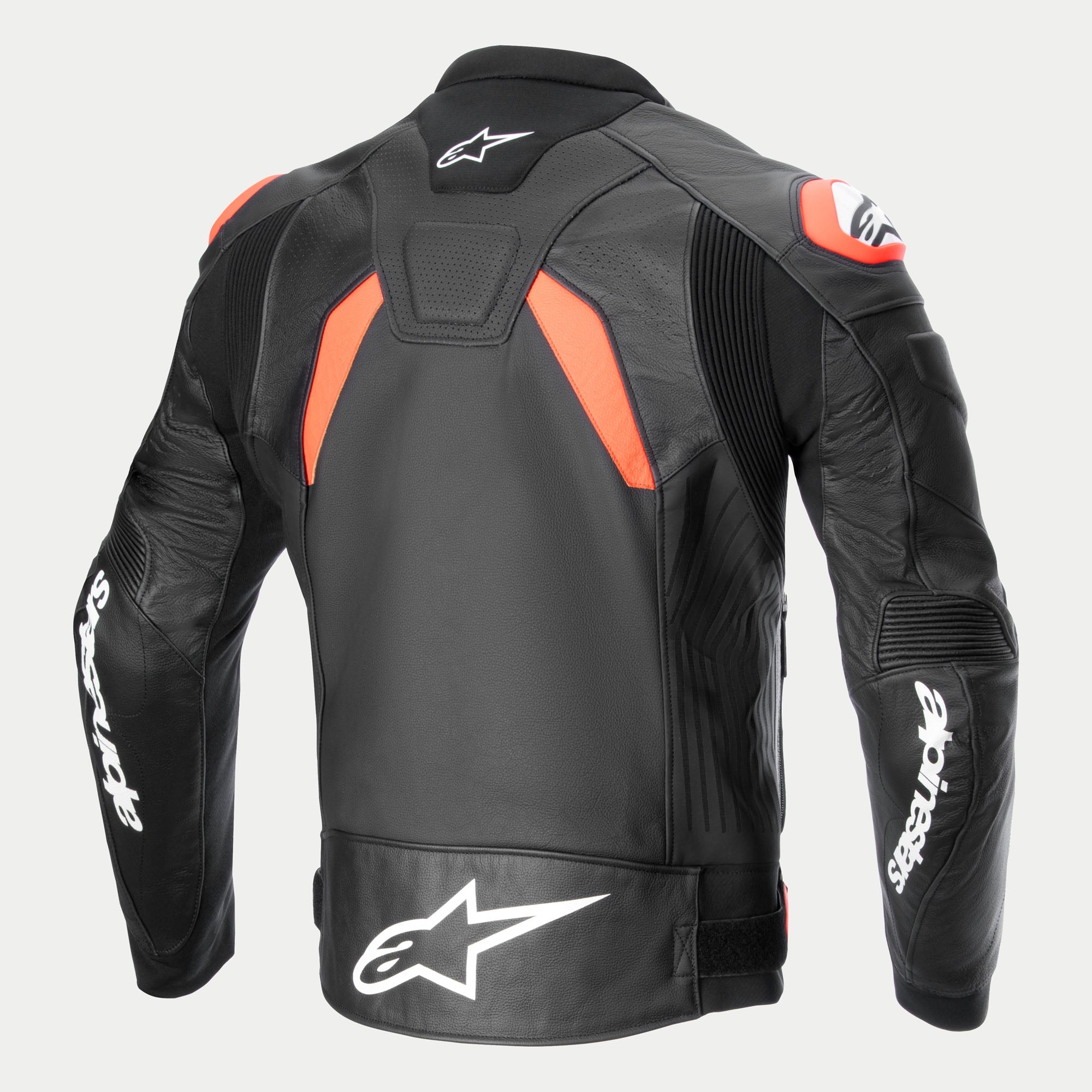 Alpinestars Jaqueta De Couro GP Plus R V4 Airflow, casaco de moto para homem, vista traseira em preto com apontamentos vermelhos e brancos, pele de desempenho de corrida com painéis perfurados