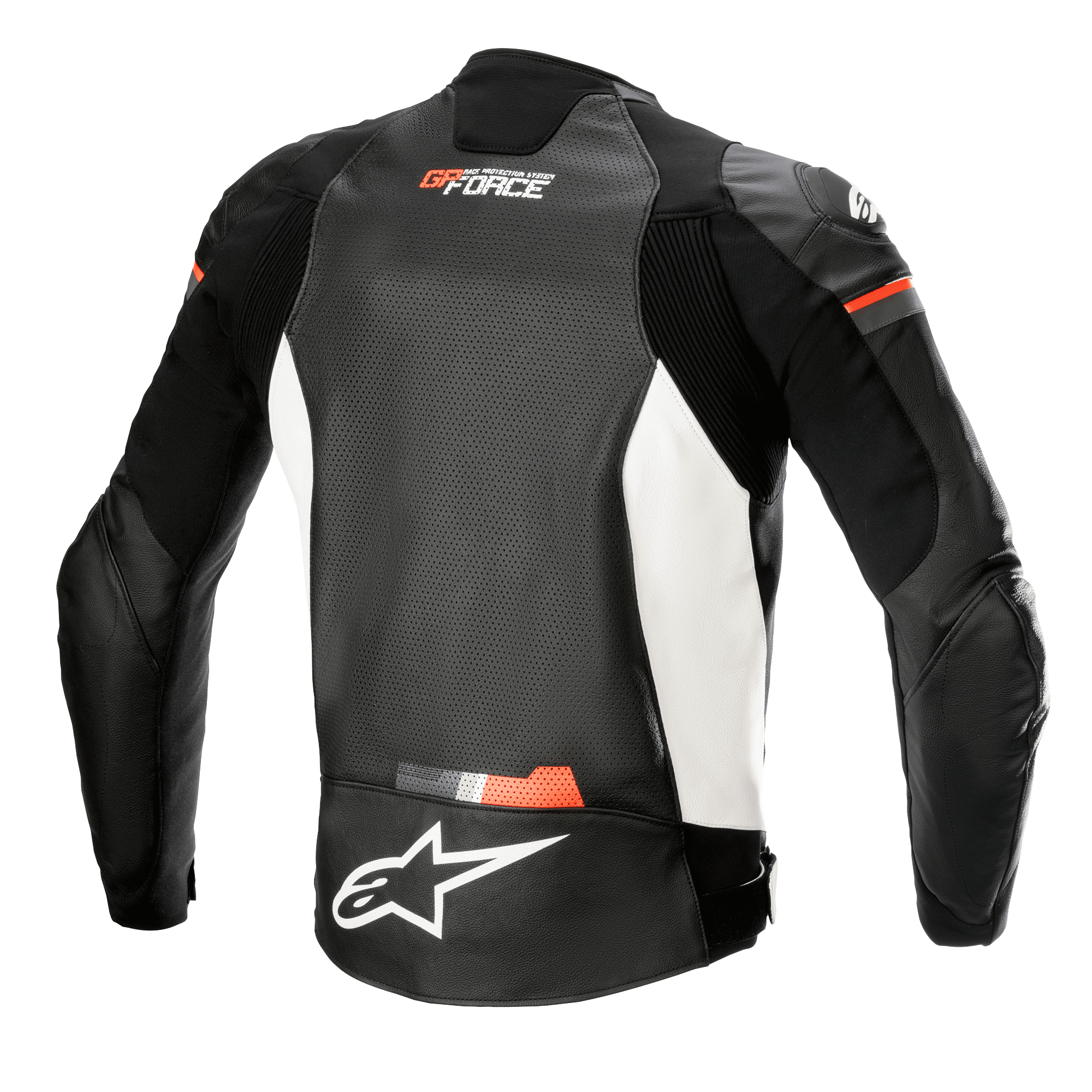 Alpinestars GP Force Airflow Leather Jacket, vista traseira, preto, branco e vermelho fluo, painel traseiro em couro perfurado para ventilação, inserções elásticas em acordeão nos ombros e laterais, logótipo Alpinestars branco na parte inferior das costas, marca GP Force na parte superior das costas, vestuário de motociclismo desportivo