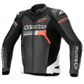 Casaco de pele Alpinestars GP Force Airflow, preto com detalhes em branco e vermelho fluo, casaco de motociclismo em pele perfurada, com protetores de ombro DFS Lite, logótipo Alpinestars no peito e nas mangas, design desportivo ventilado