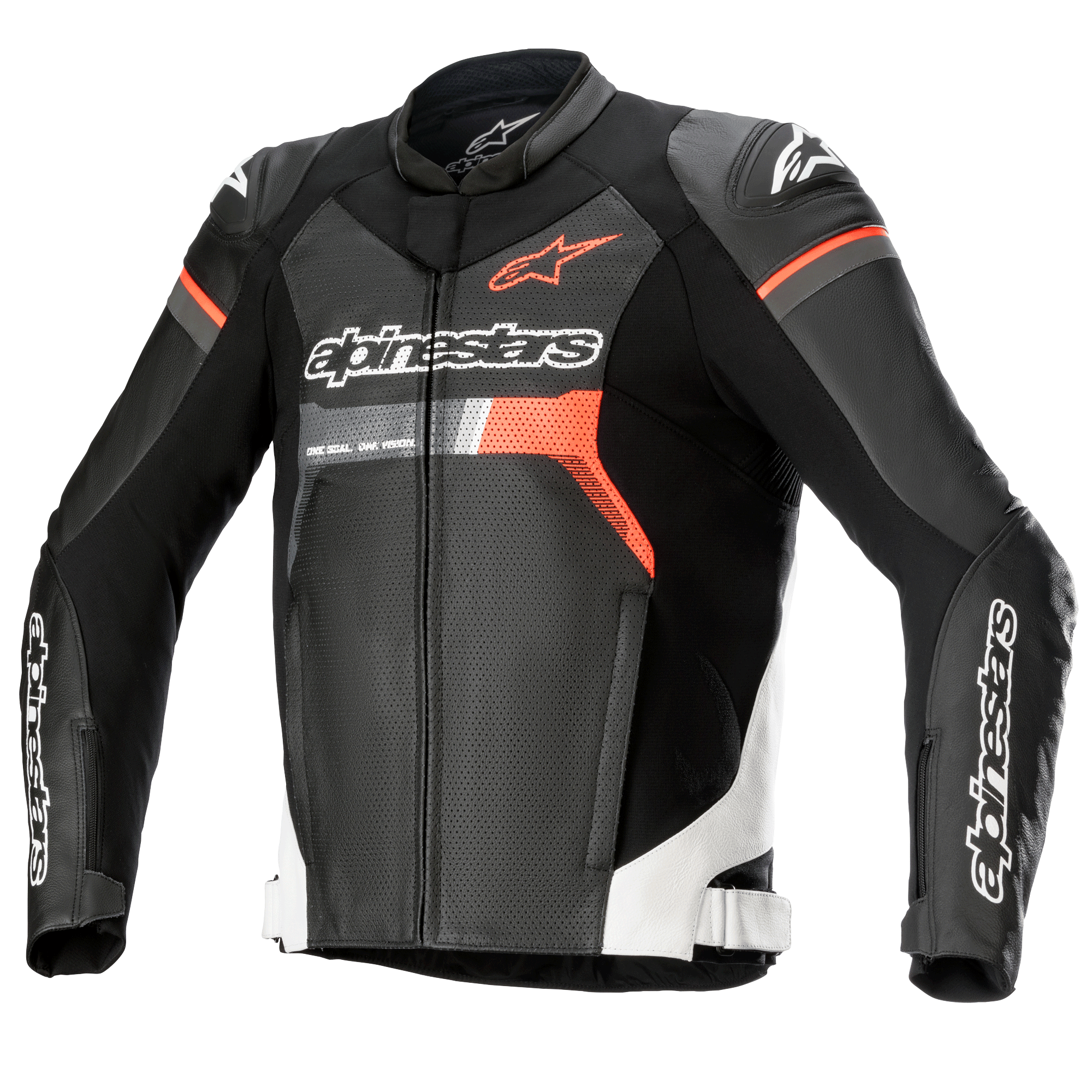 Casaco de pele Alpinestars GP Force Airflow, preto com detalhes em branco e vermelho fluo, casaco de motociclismo em pele perfurada, com protetores de ombro DFS Lite, logótipo Alpinestars no peito e nas mangas, design desportivo ventilado