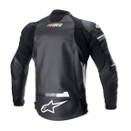 Jaqueta de Couro Alpinestars GP Force, preta, vista traseira com logótipo Alpinestars branco na parte inferior das costas e marca GP Force na parte superior das costas, painéis extensíveis em acordeão e construção durável em couro bovino para motociclismo de estrada