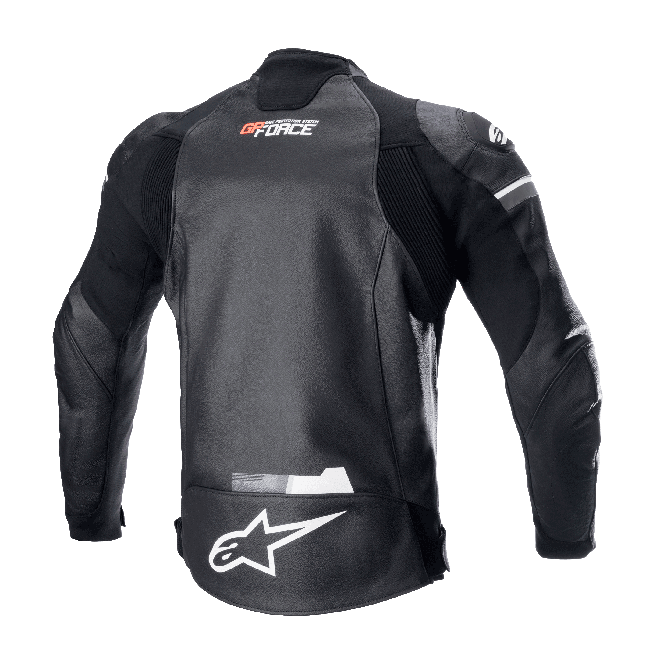 Jaqueta de Couro Alpinestars GP Force, preta, vista traseira com logótipo Alpinestars branco na parte inferior das costas e marca GP Force na parte superior das costas, painéis extensíveis em acordeão e construção durável em couro bovino para motociclismo de estrada
