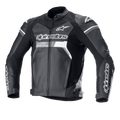 Casaco de Pele Alpinestars GP Force, preto com detalhes brancos e cinzentos, casaco de motociclismo para corrida, construção em pele bovina premium, logótipos Alpinestars de destaque no peito e mangas, sliders de ombro DFS Lite, corte desportivo ergonómico para condução em estrada