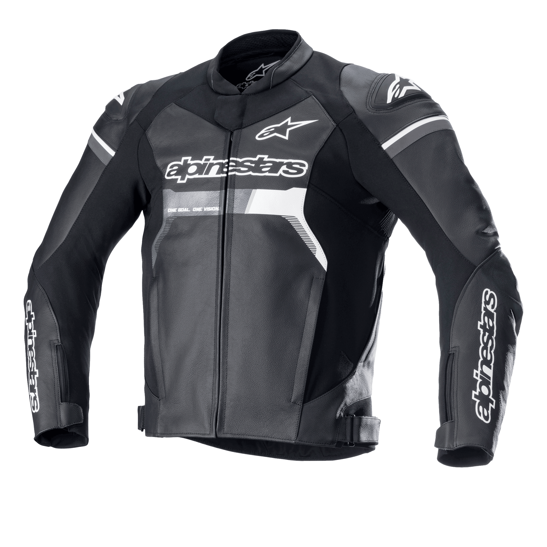 Casaco de Pele Alpinestars GP Force, preto com detalhes brancos e cinzentos, casaco de motociclismo para corrida, construção em pele bovina premium, logótipos Alpinestars de destaque no peito e mangas, sliders de ombro DFS Lite, corte desportivo ergonómico para condução em estrada