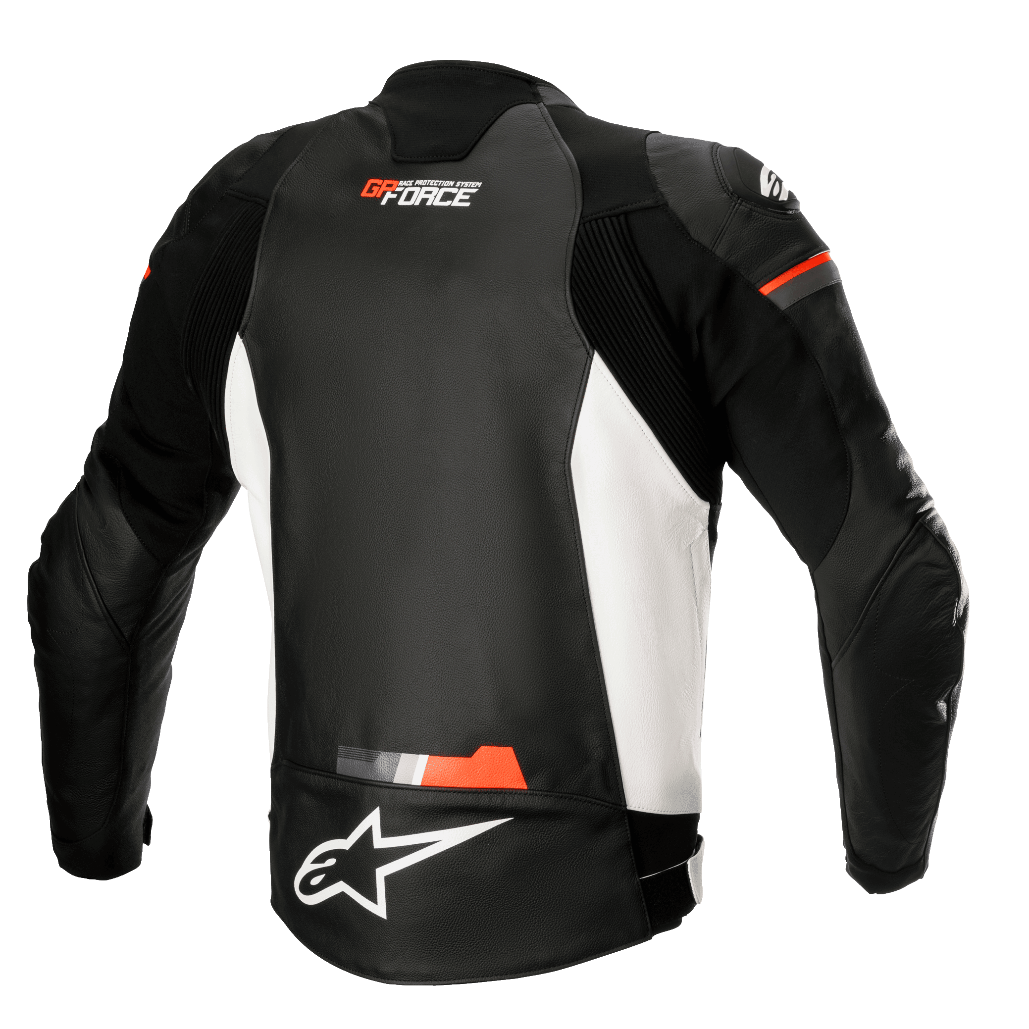 Alpinestars GP Force Leather Jacket, casaco de motociclismo em couro, preto, branco e vermelho fluorescente, vista traseira com painéis laterais brancos e detalhes em vermelho fluorescente, logótipos GP Force e Alpinestars, design desportivo com painéis de acordeão elásticos