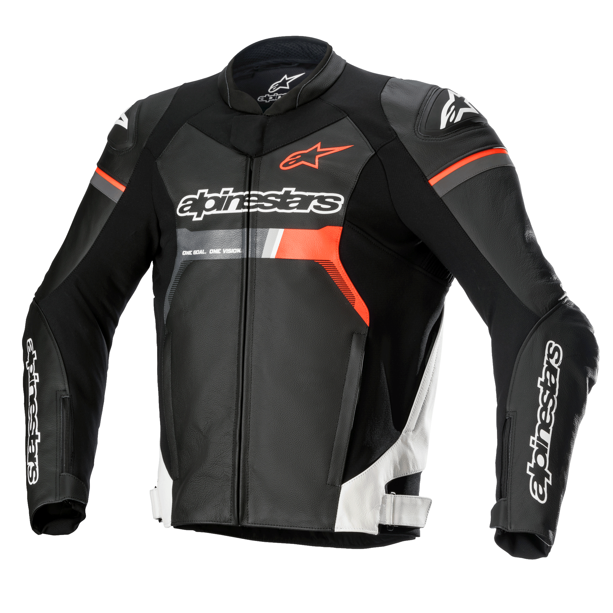 Casaco de Pele Alpinestars GP Force, casaco de motociclismo, preto com detalhes em branco e vermelho fluo, com logótipos Alpinestars em destaque no peito e mangas, construção em pele de bovino premium com protetores de ombro DFS Lite, silhueta aerodinâmica