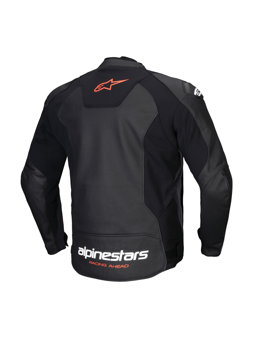 Alpinestars Jaqueta De Couro Faster V3, casaco de moto desportivo para homem, vista traseira em preto e vermelho fluo, couro premium e painéis elásticos HRSF, certificado CE classe AA