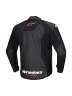 Alpinestars Jaqueta De Couro Faster V3, casaco de moto desportivo para homem, vista traseira em preto e vermelho fluo, couro premium e painéis elásticos HRSF, certificado CE classe AA