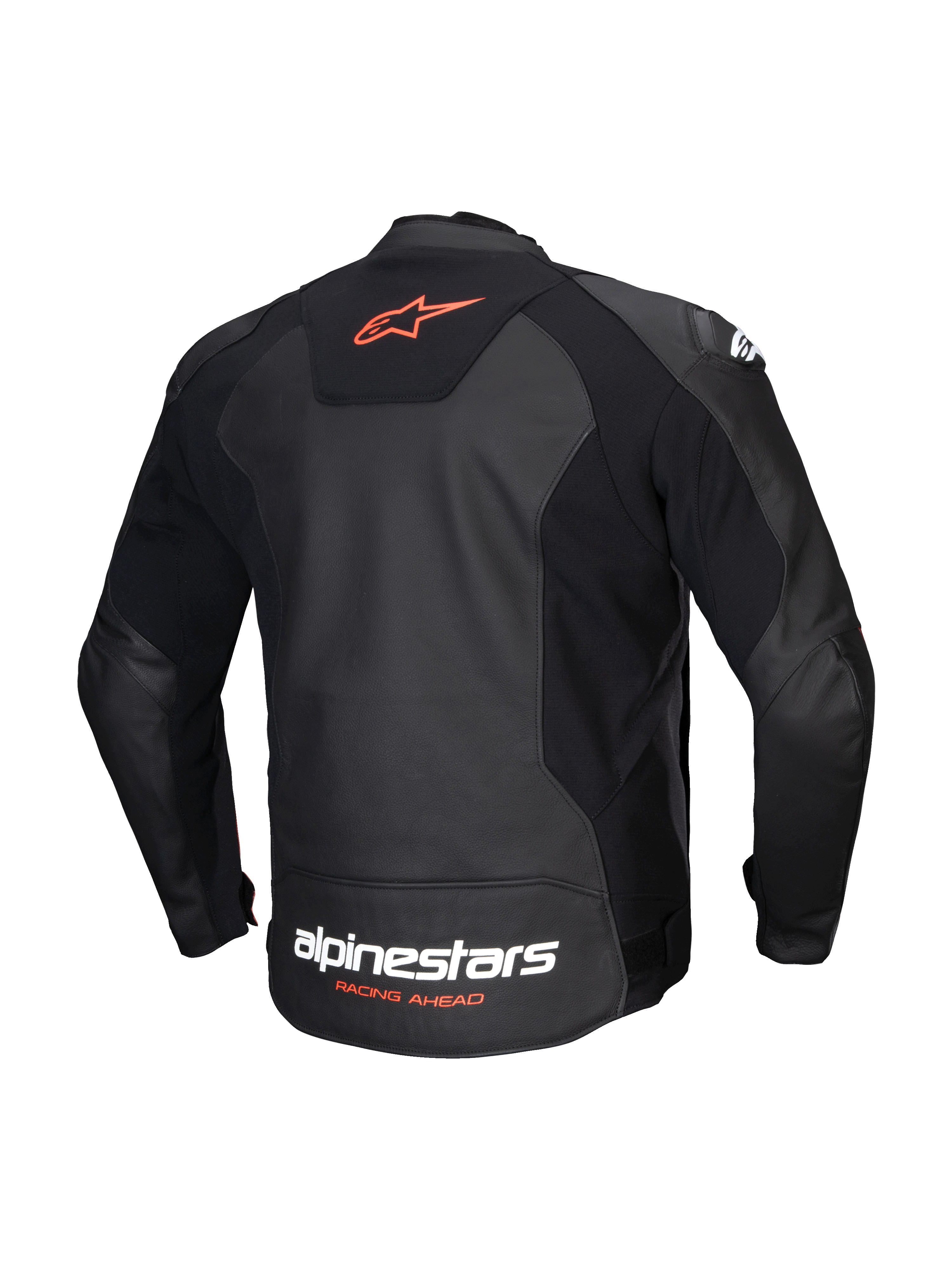 Alpinestars Jaqueta De Couro Faster V3, casaco de moto desportivo para homem, vista traseira em preto e vermelho fluo, couro premium e painéis elásticos HRSF, certificado CE classe AA