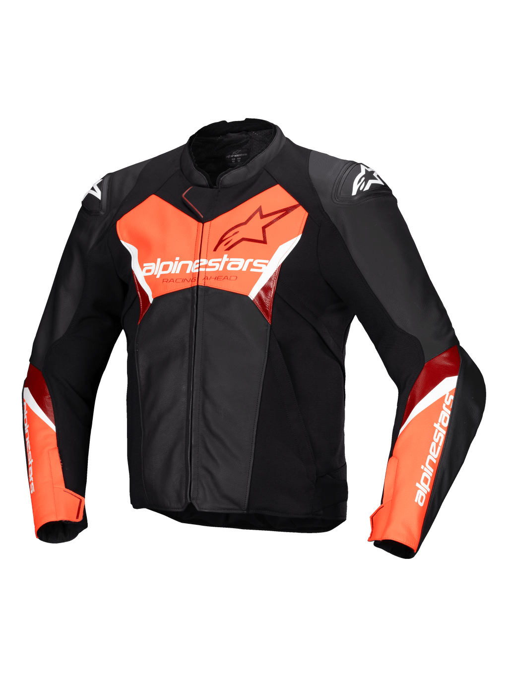 Alpinestars Jaqueta De Couro Faster V3, casaco de moto para desporto e corrida para homem, preto e vermelho fluo, certificado CE com couro premium e painéis extensos