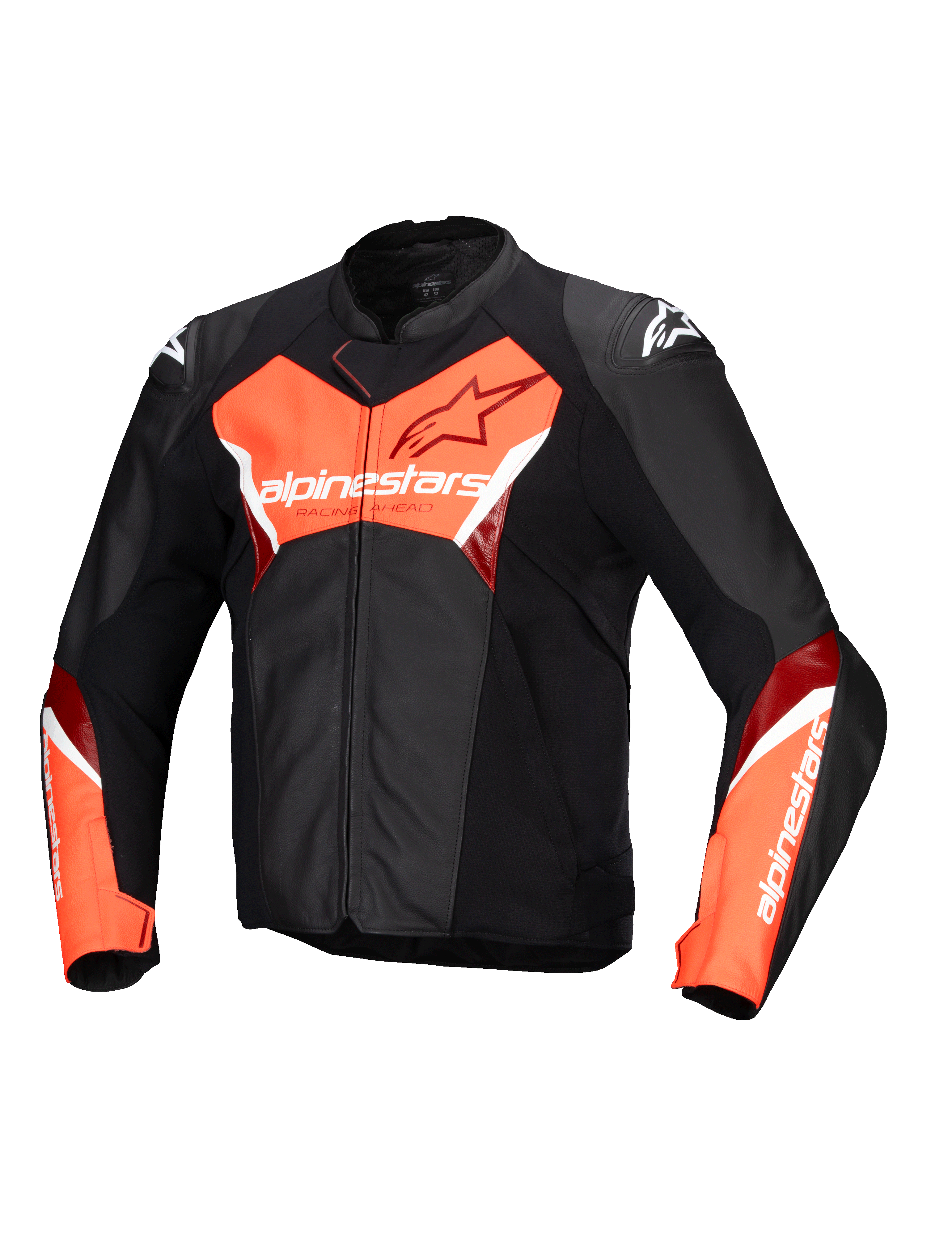 Alpinestars Jaqueta De Couro Faster V3, casaco de moto para desporto e corrida para homem, preto e vermelho fluo, certificado CE com couro premium e painéis extensos