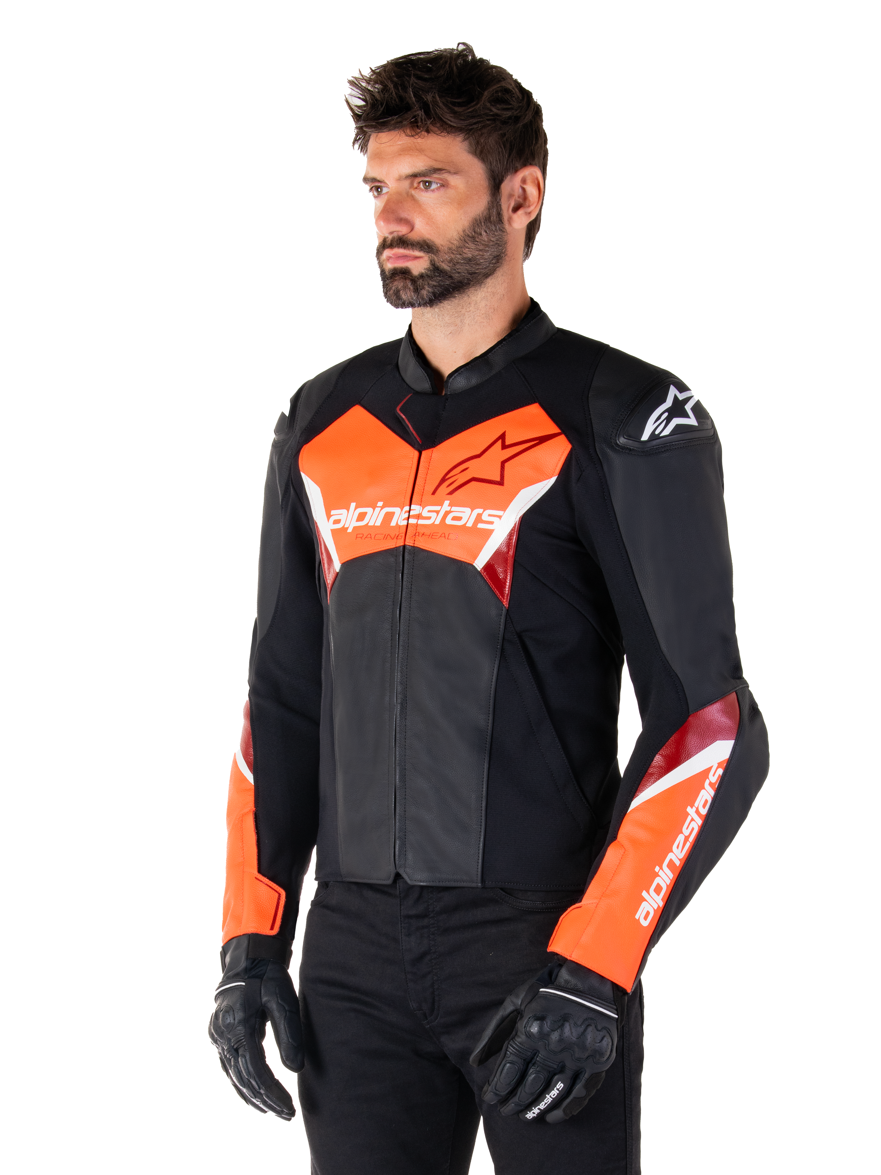 Alpinestars Faster V3 Leather Jacket, Black and Red Fluo, premium sport riding jacket with white and red accents, Alpinestars branding on chest and sleeves, worn with black motorcycle gloves and pants.