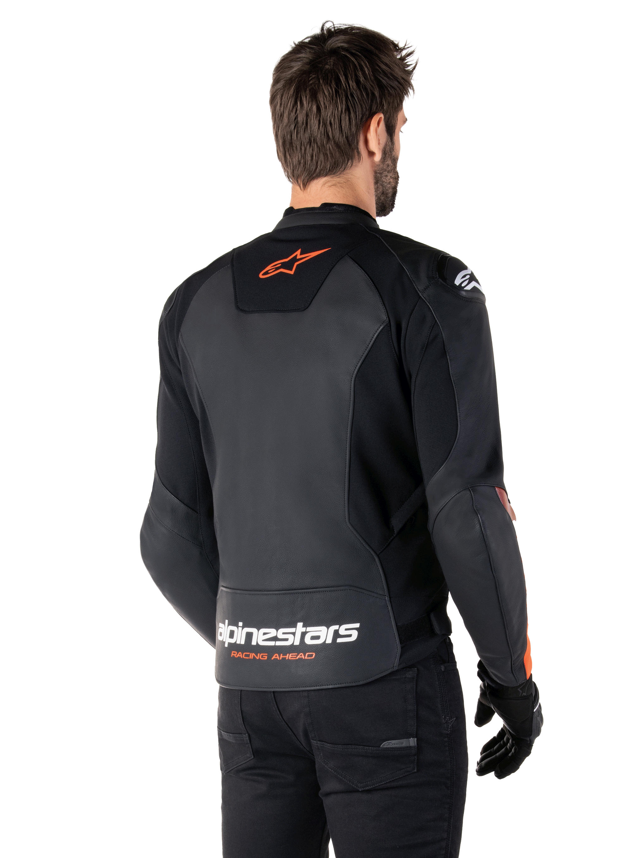 Alpinestars Faster V3 Leather Jacket, Sport Motorcycle Jacket, Black and Red Fluo, featuring premium leather construction, HRSF stretch panels, and DFS GP Lite shoulder protectors, sleek racing-derived design with technical details.