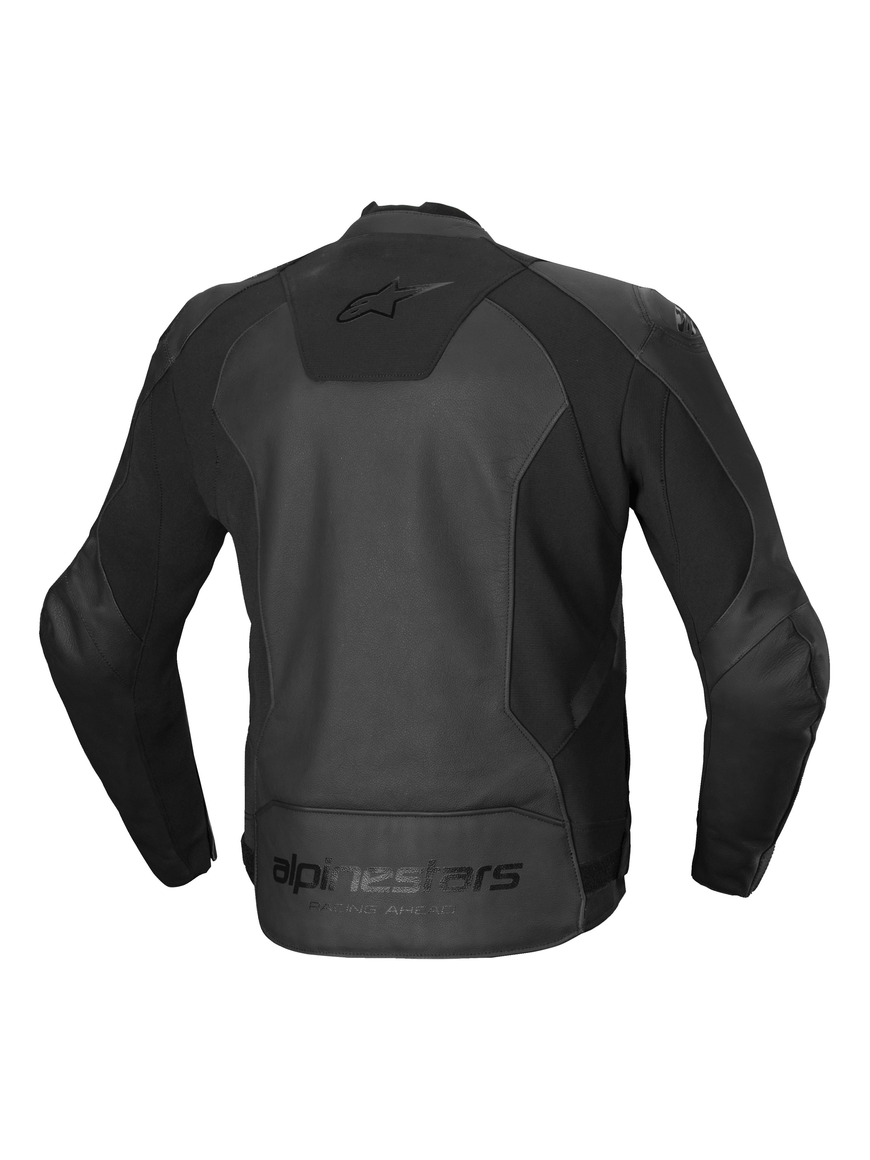 Alpinestars Jaqueta De Couro Faster V3, casaco de moto para homem, vista traseira em preto, certificado CE classe AA com painéis elásticos HRSF avançados